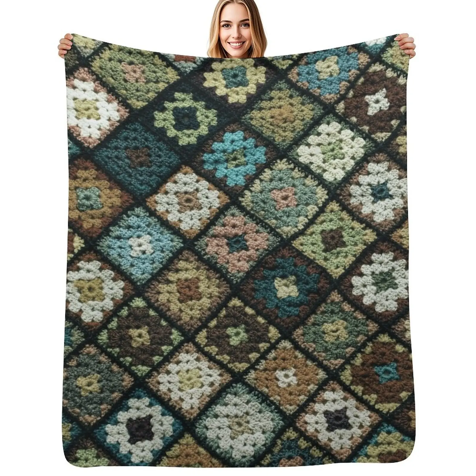 Crochet granny square pattern dark green Throw Blanket Cozy Microfiber Throw Blanket for Home Bedroom
