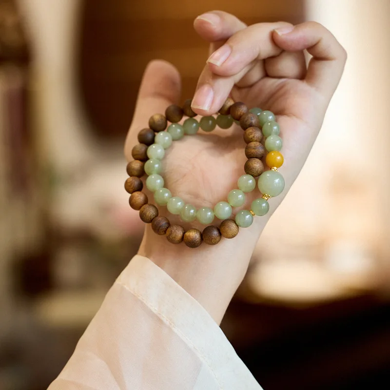 

Agarwood For Women, Natural Hetian Jade Beads, Double Circle Bracelet, New Chinese Style, Good Luck Beads Bracelet