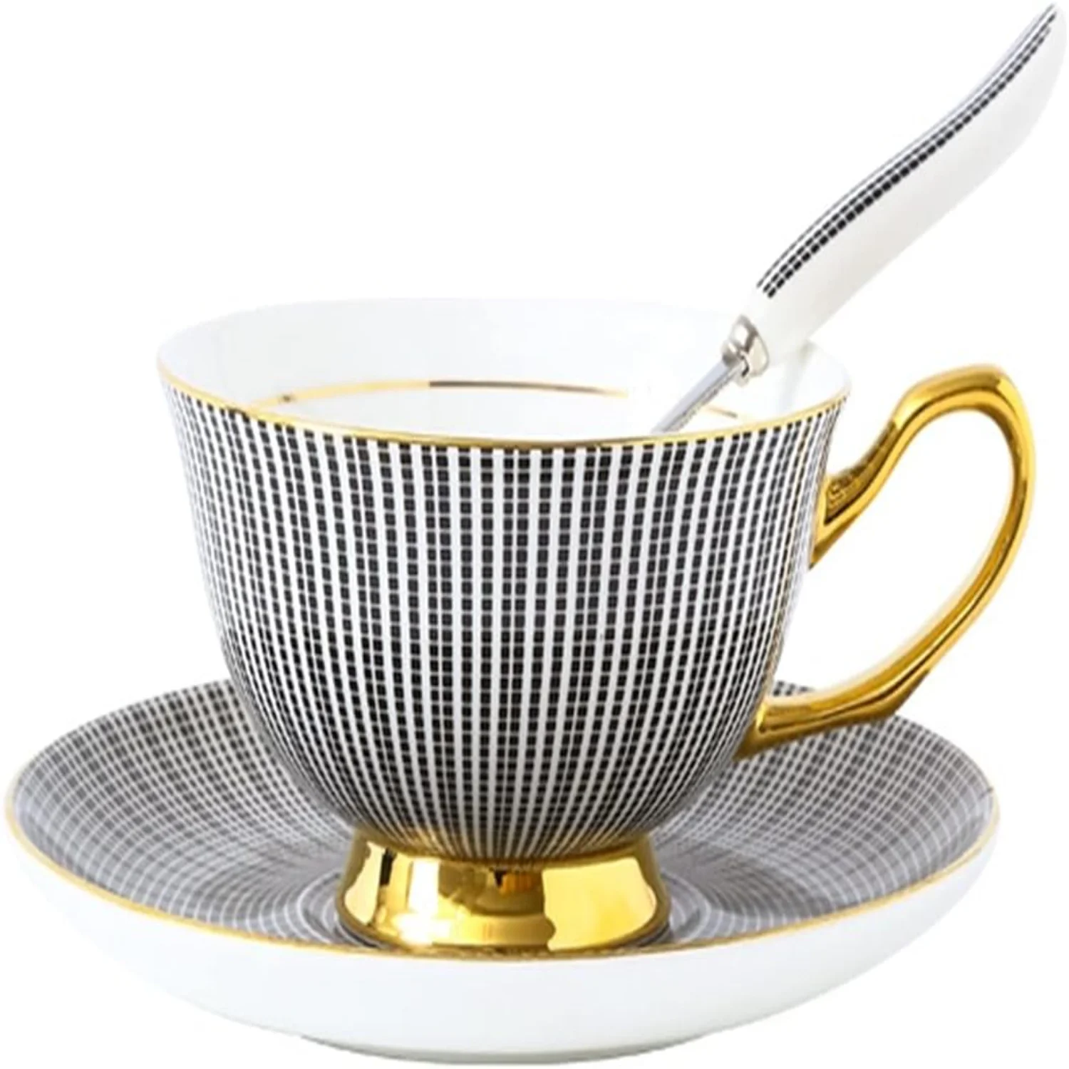 Hand Painted Phnom Penh Cappuccino Cup - Classic Style Tea or Coffee Cup with Saucer, 8.5oz Bone China Coffee Mug (Black)