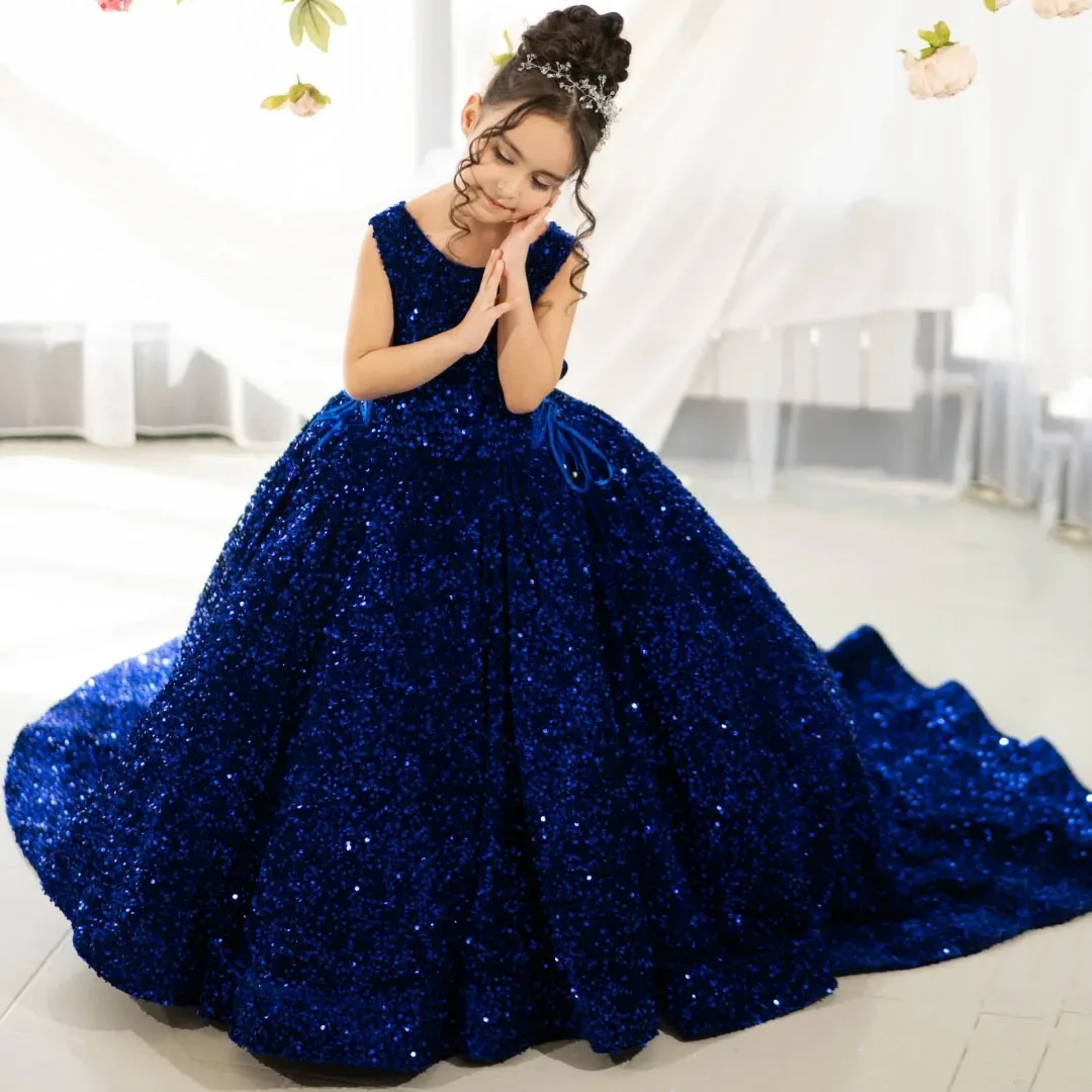 

Shining Flower Girl Dresses for Wedding with Bow Sequins Sleeveless Baby Girl Birthday Dresses First Communion Gowns Customized