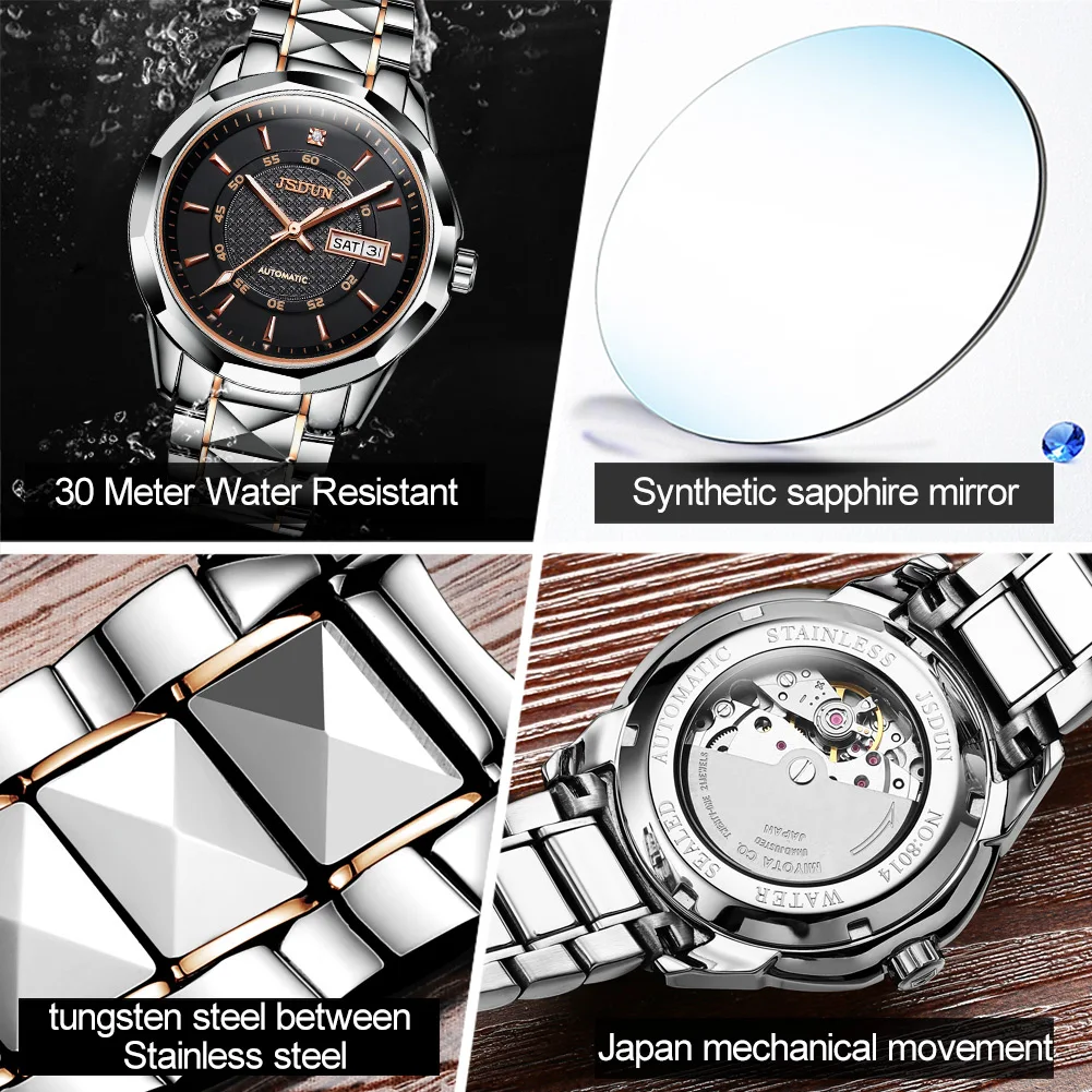 JSDUN New Tungsten Steel Mechanical Watch for Men High Quality Waterproof Calendar Wrist Watch Men Luxury Automatic Mens Watch