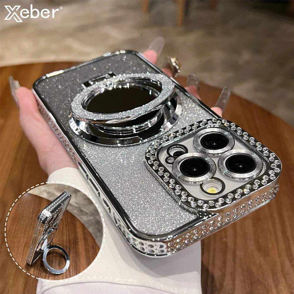 Caso do telefone do suporte magnético do iPhone, chapeamento do gradiente de Bling, tampa do diamante, espelho de maquiagem, brilho luxuoso, 15, 14, 13, 12, 11 Pro Max