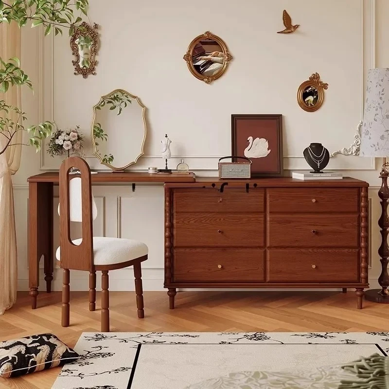 Lemari Kayu Solid Retro, Lemari Penyimpanan Ruang Tamu Meja Rias Dada Prancis Terintegrasi 7446