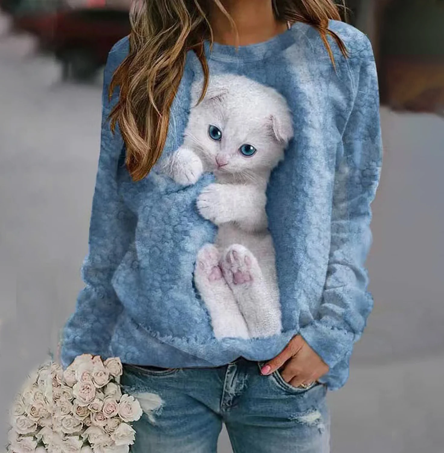 Women's Sweatshirt Pullover Cat Street Casual White Sports Basic Round Neck Long Sleeve Micro-elastic Fall & Winter Pull On Tops