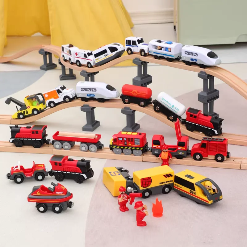 Children's Wooden Track Toy Electric Train Trolley Set Magnetic Connection Locomotive Transport Fire Rescue Scene