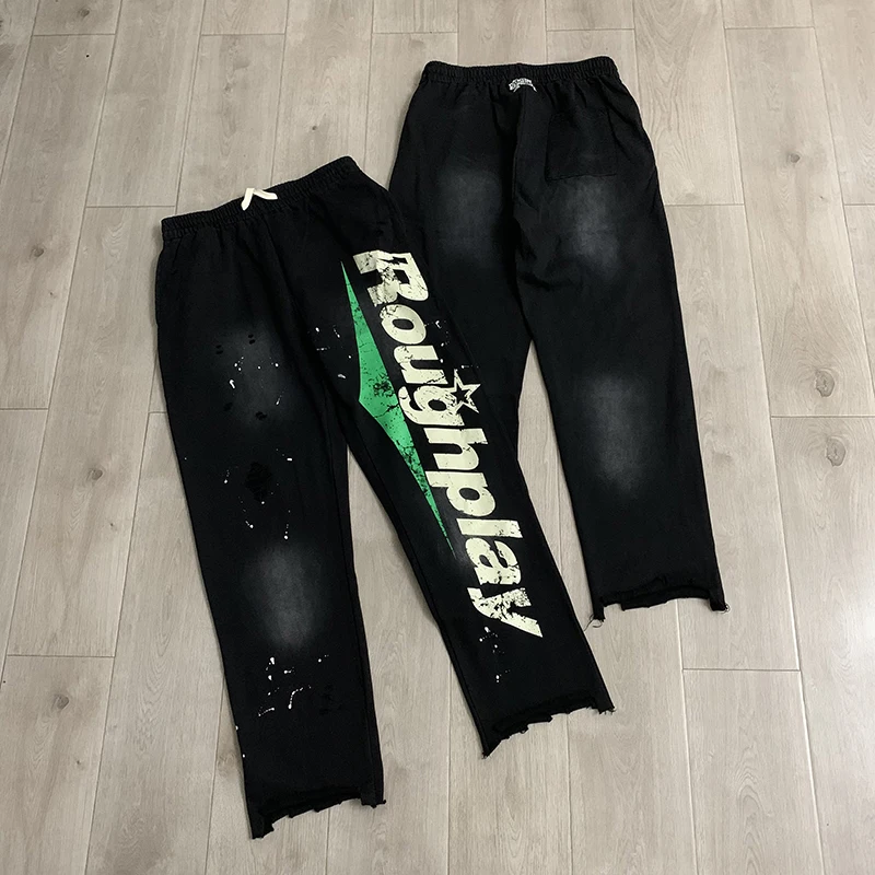 Rough Play Men Elastic Drawstring Sweatpants Vintage Wash Distressed Ripped Splash Ink Graphic Casual Pants