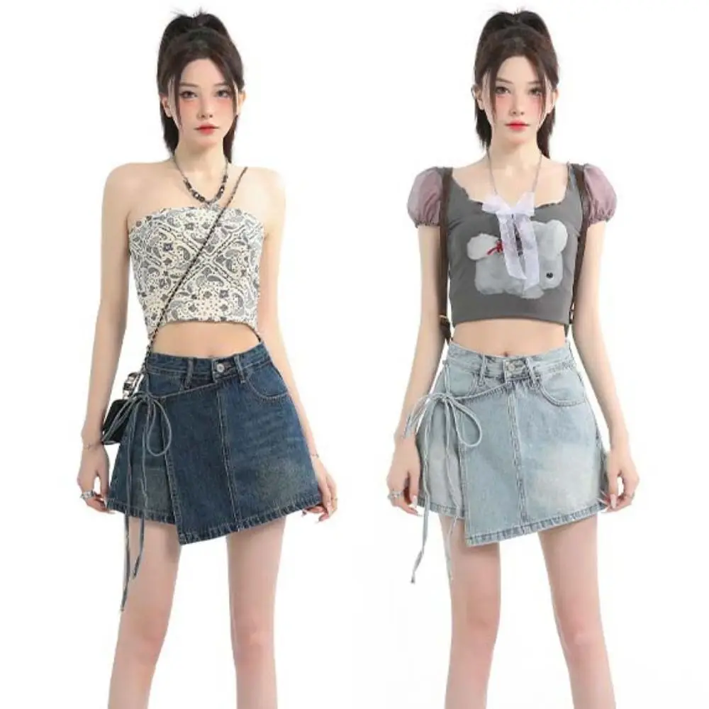 

Lace-up A-line Skirt Shorts Wide Leg High Waist Fake Two-piece Skirt Y2K Spicy Girl Style Baggy Blue Jeans Skirt Spring Summer