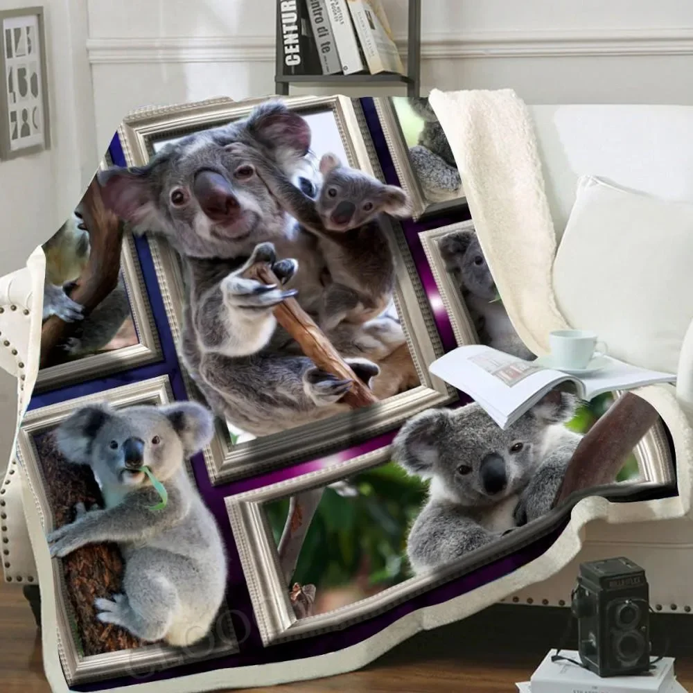 HX Cute Koala Blankets 3D Graphic Wild Life Collection Photo Frame Splicing Double Layer Blanket Fashion Funny Plush Quilts