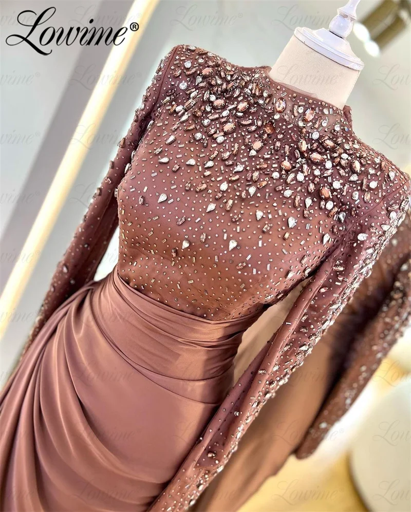 Full Crystals Stone Long Sleeve Elegant Evening Dress Mermaid Satin Party Gowns For Weddings Robe Customize Women Prom Dresses