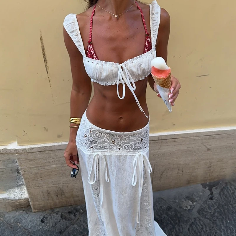 

Fashion Lace Splicing Party Skirt Set Sexy Off Shoulder Sling Top & Long Skirt Suit Women's Elegant Sleeveless Solid 2Pc Outfits