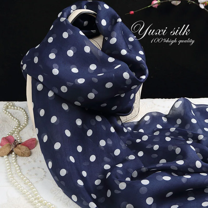 

Dark Blue Polka Dot Scarves Silk Long Summer Shawl Women's Spring, Autumn and Winter Scarf