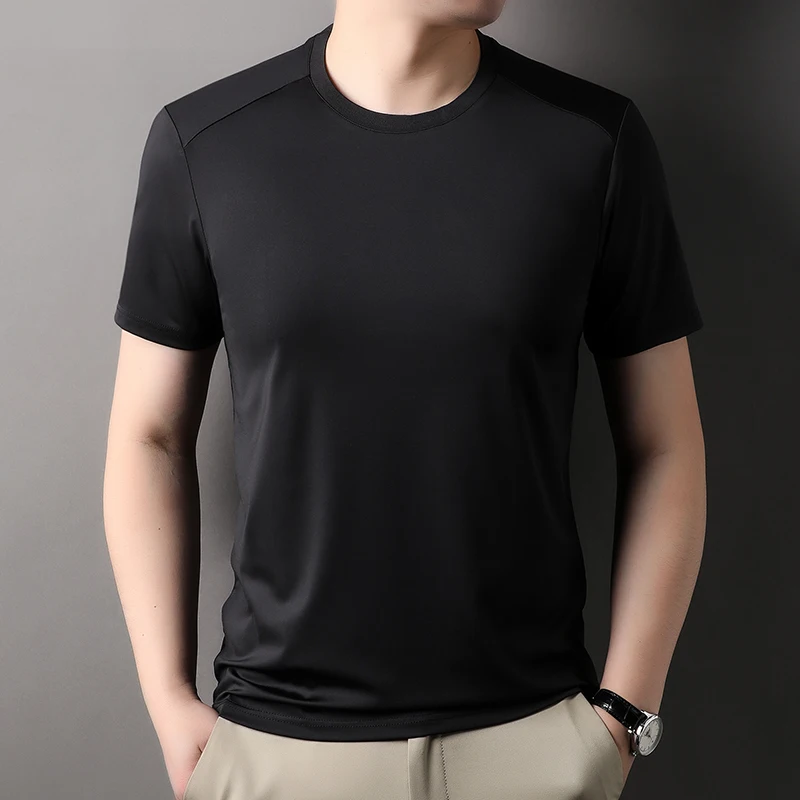 High quality solid color round neck men\'s short sleeved T-shirt 2024 summer comfortable silk ice feeling casual business