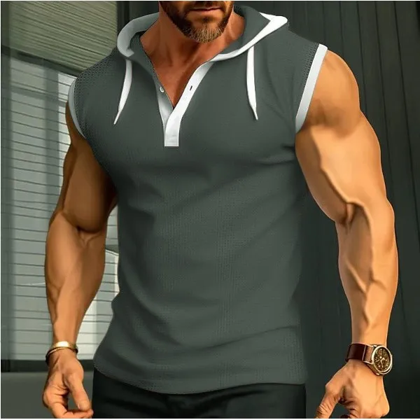 2026 Men's Hooded Vest Casual Sleeveless T-shirt A-Line Narrow Shoulder Strap Warm RPET Regenerated Fabric U-Neck City Walk