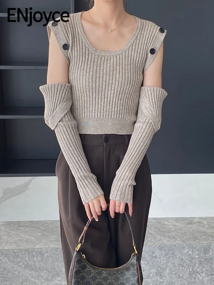 ENjoyce Autumn Women Vintage Off Shoulder Sweater Ladies Casual Knitted Cropped Tops Loose Pullovers Elegant Knitwear Coats