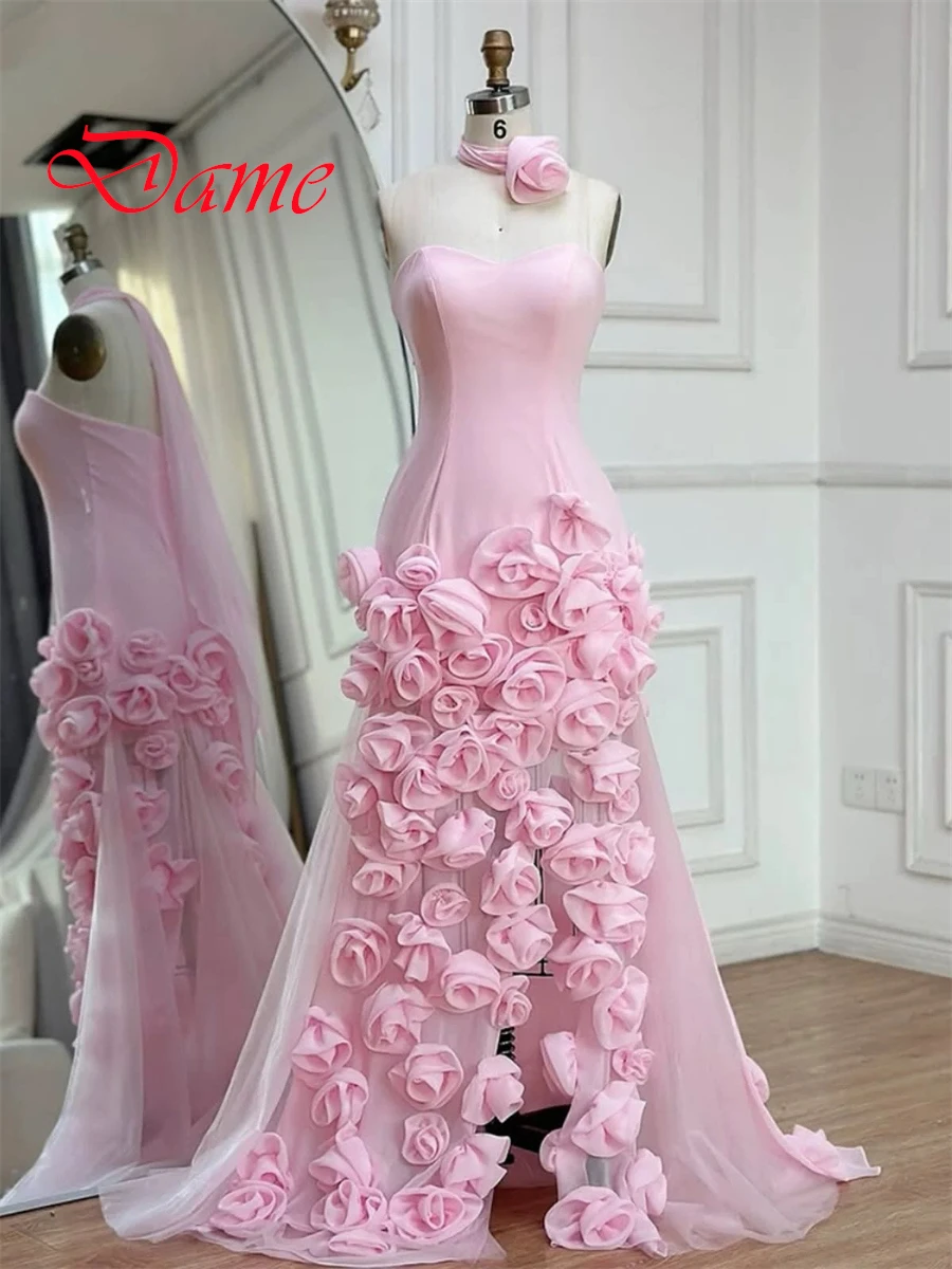 Customized Exquisite Pink Jersey Evening Dress Delicate  Strapless Sleeveless Zipper Back Side Slit  Flowers Homecoming Dress