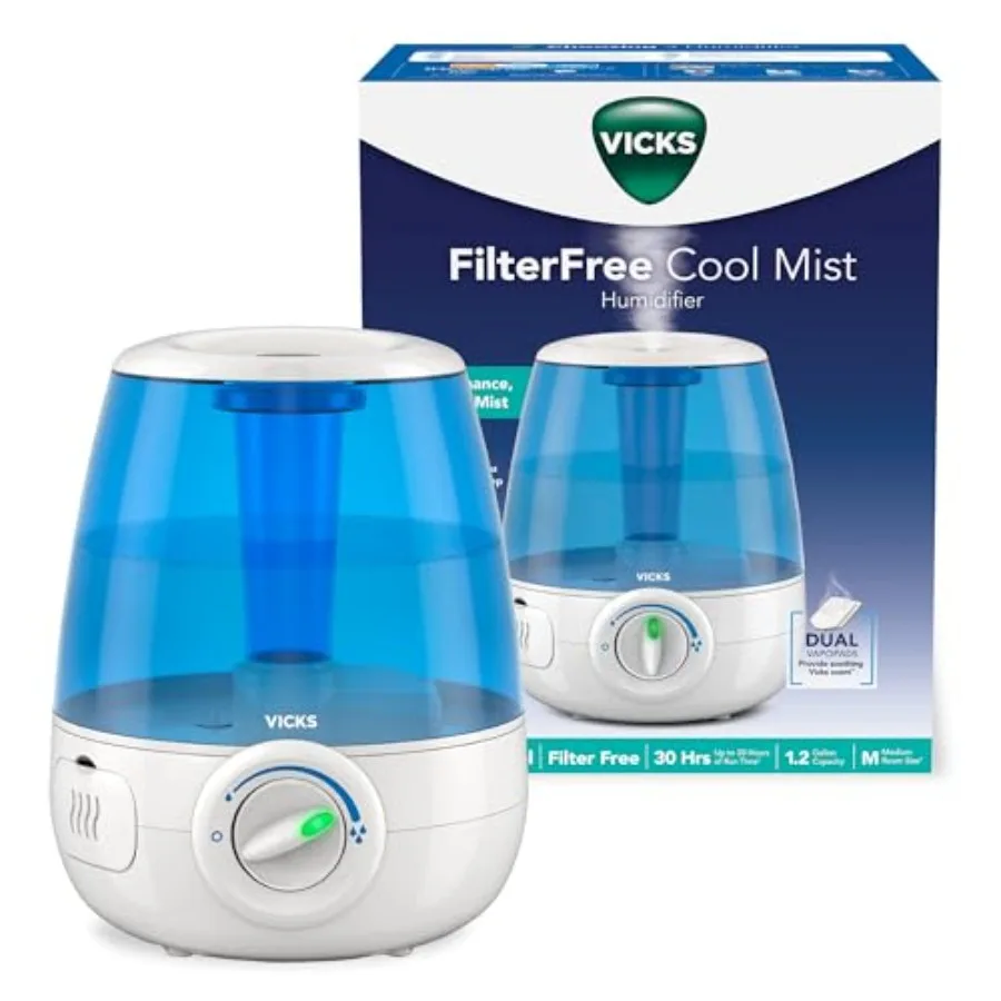 

Vicks Filter-Free Ultrasonic Humidifier Recommended by Pediatricians* 1.2 Gal Ultrasonic Cool Mist Humidifiers for Bedrooms and