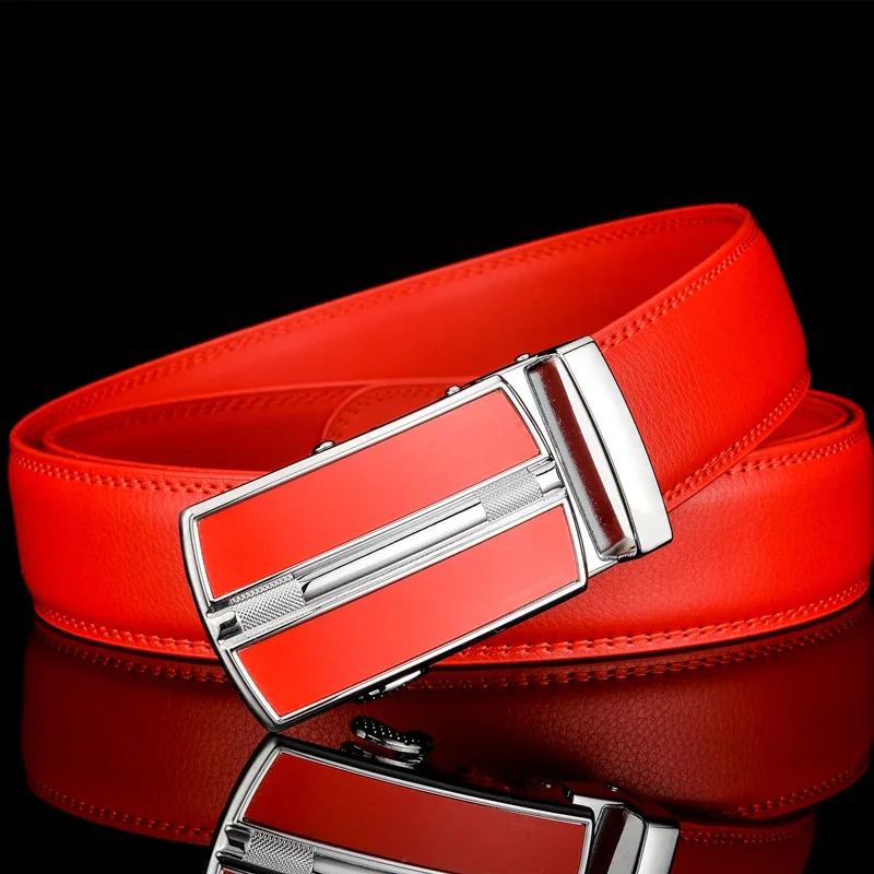 Plyesxale Blue Red Light Brown Belt Men Luxury Brand Men's Cowskin Leather Automatic Buckle cinturones hombre Dropshipping G76
