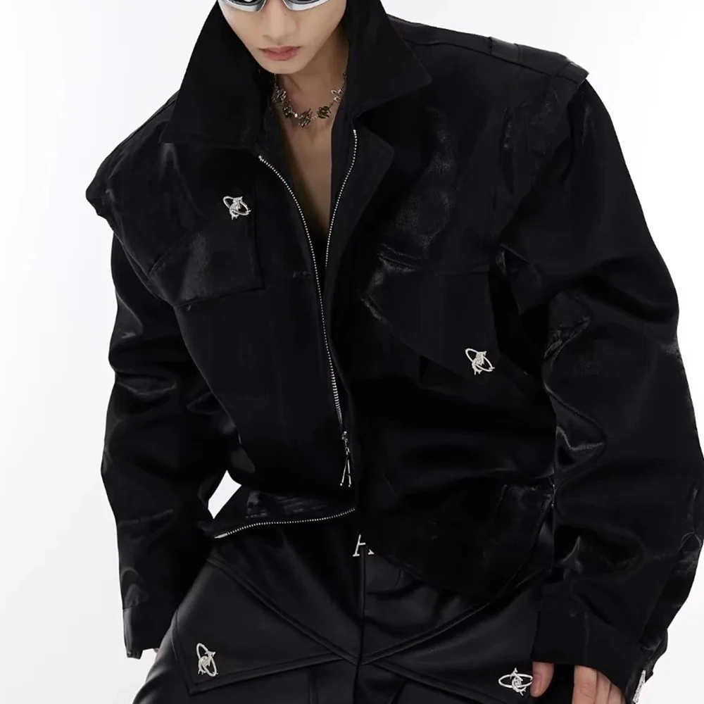 Mens Spring Jacket Motorcycle Cargo Faux Pockets Thin Jacket Streetwear Fashion Deconstructed Casual Youth Biker Top Men'S Wear