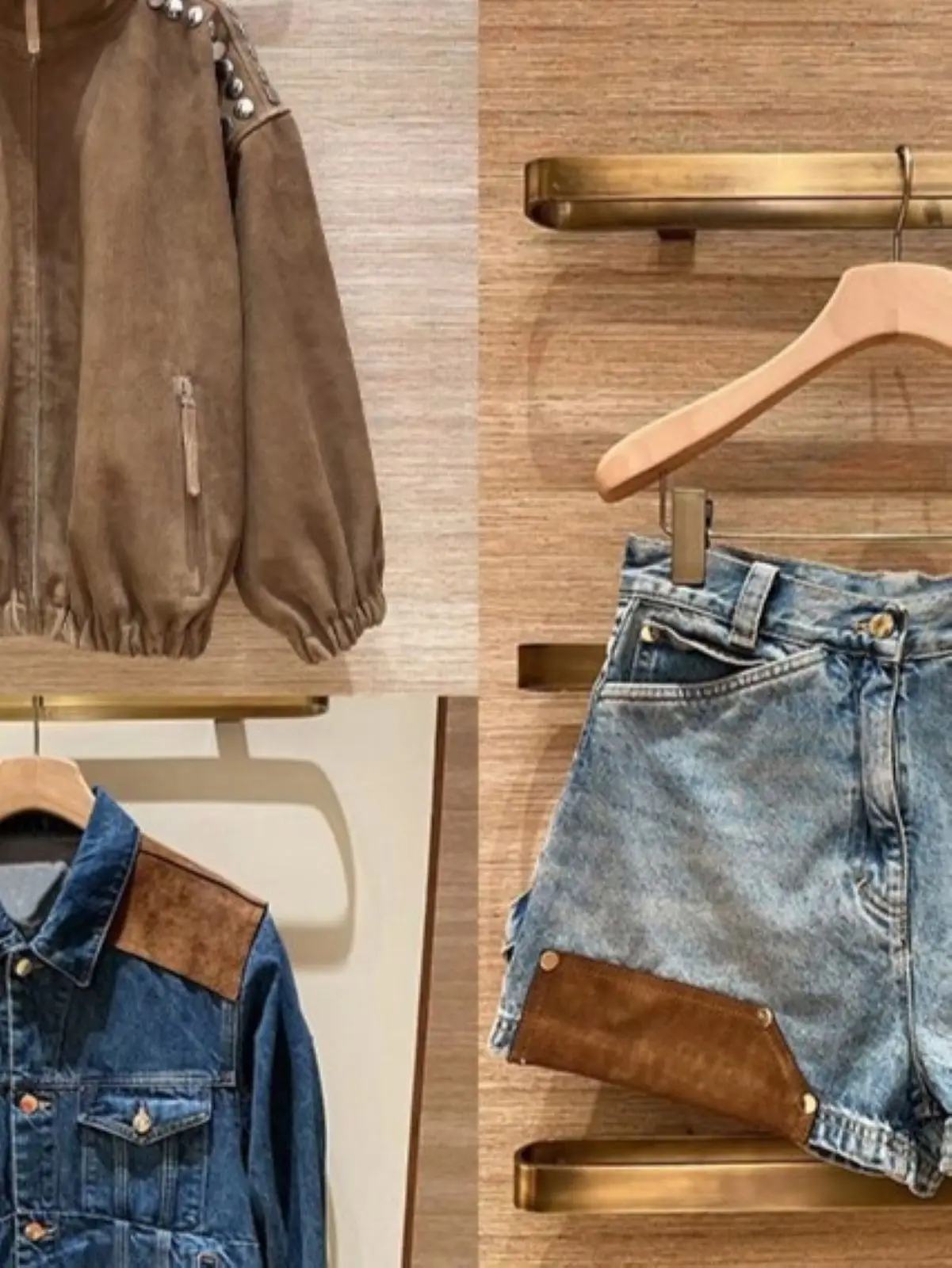 

Spring Women Long Sleeve Spliced Contrast Set Hign Neck Rivet Suede Coat + Single Breasted Denim Jacket + High Waist Shorts
