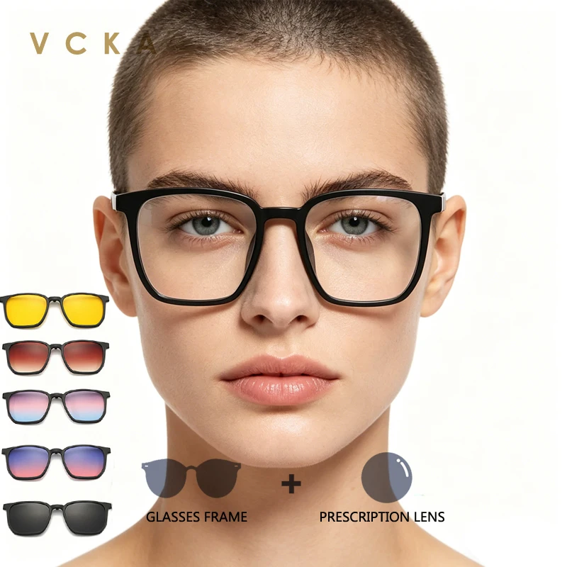 VCKA 6 in 1 Square Women Myopia Reading/Progressive Sunglasses Magnet Clip Set  Fashion Optical Frame Prescription UV400 Glasses