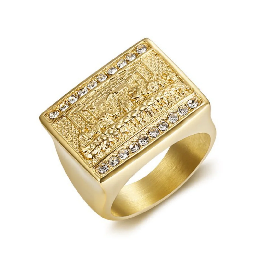 

Religious Iced Out The Last Supper Ring Large Gold Color Stainless Steel Zirconia Square Christian Rings for Woman Man Jewelry