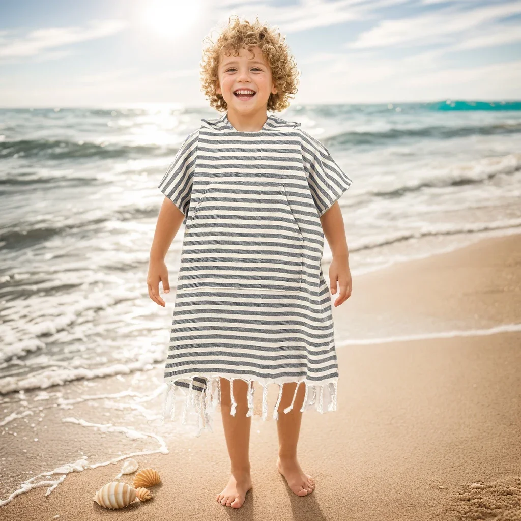 

1pc striped Children Wearable Bath Towel Children's Bathrobe With Hood Quick-Drying Absorbent For Swimming Towel Travel Beach