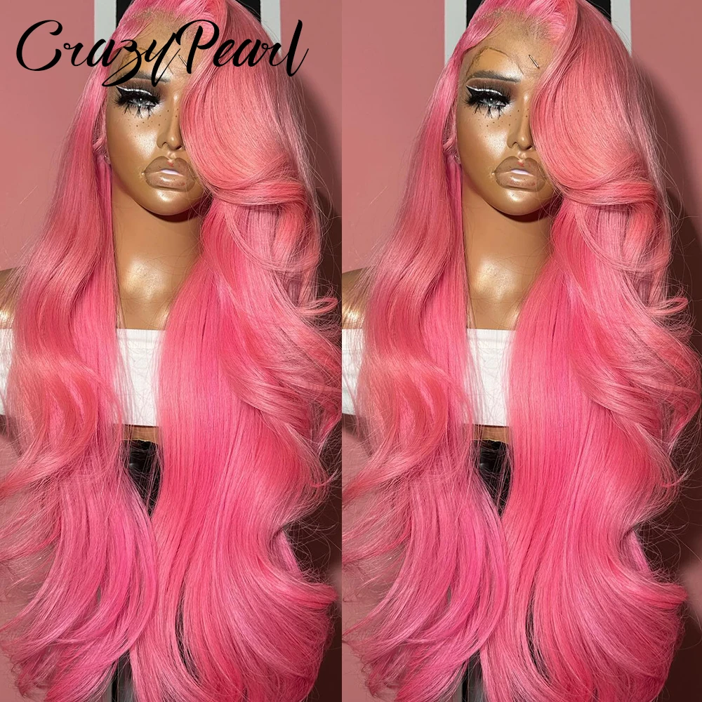 

32 Inch Pink Human Hair Wig 250 Density 13X4 Body Wave HD Lace Front Wigs Human Hair Pre Plucked 10A Pink HD Transparent Lace