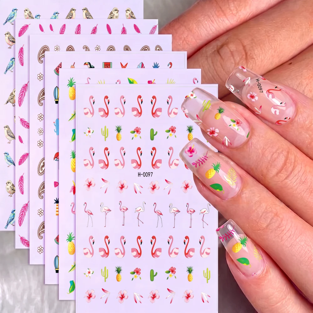 6pcs Bird Feather Flamingo Pineapple Watermelon Nail Decals Summer Tropical Nail Art Stickers Beach Vacation Nail Art Supplies *