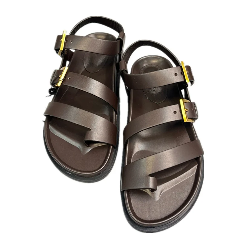 

Withered 2025 Summer Minimalist Women's Genuine Leather Sandals Brown Vintage Roman Sandals Women Flat Shoes