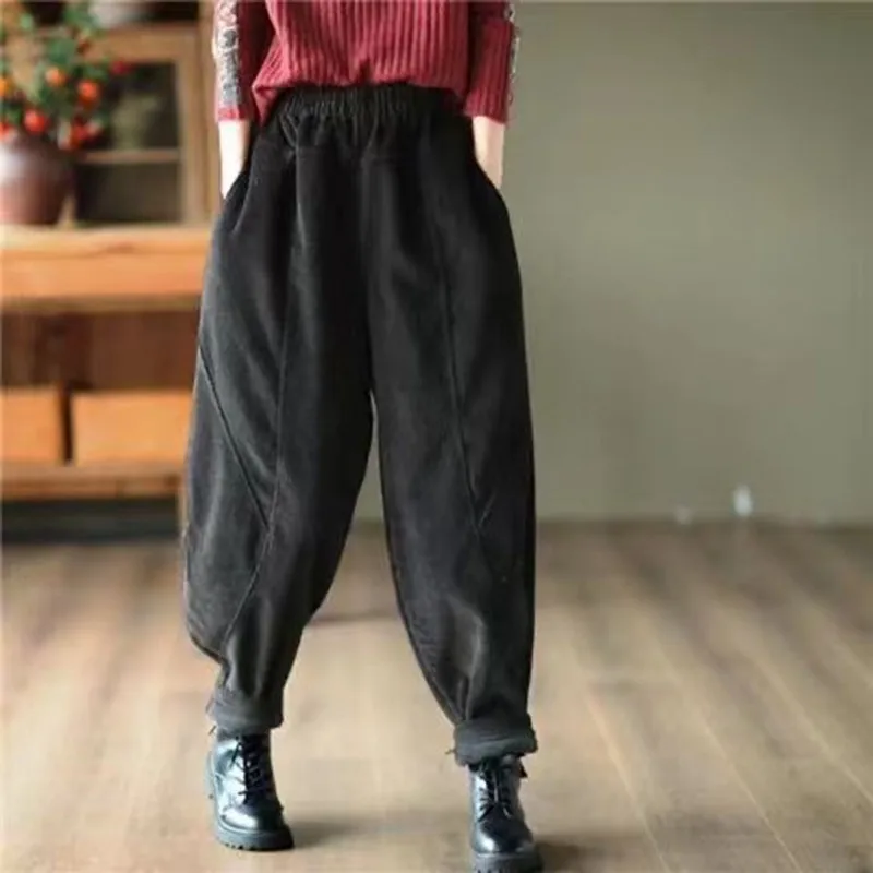 2023 New Arrival Spring Autumn Women Vintage Patchwork Ankle-length Pants Casual Loose Corduroy Elastic Waist Harem Pants P641