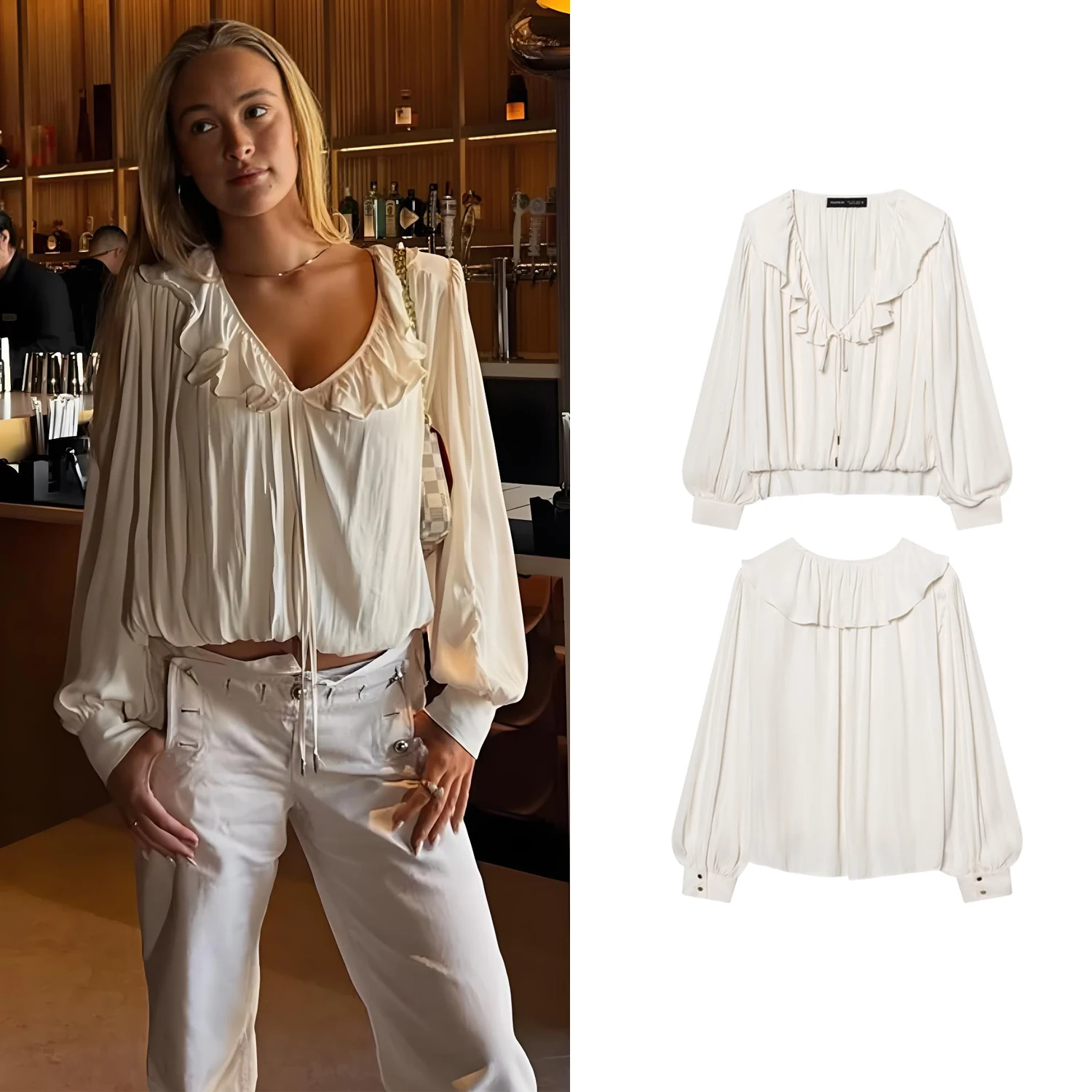 

Women Satin Ruffled Collar V-Neck Blouses Spring Summer Female Lace-Up Chic Long Sleeves Blouse Shirt Lady Daily Commuted Shirts