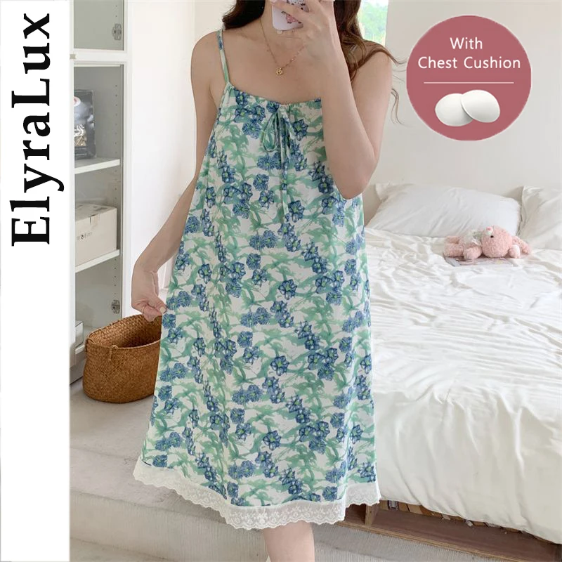 

ElyraLux Sweet Summer Imitation Cotton Nightgown Women's Pajama Gown with Chest Pad Thin Home Clothes Overall Design Blue Color