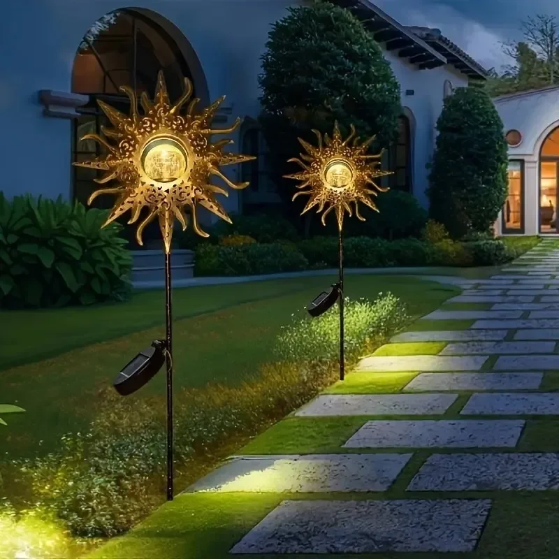 1PC พลังงานแสงอาทิตย์รูปปั้นดวงอาทิตย์ Light, Cracked Glass Ball LED Garden Decor-IP65 กันน้ําสําหรับ Courtyard/สนามหญ้า/ลาน/เส้นทาง (Warm White)