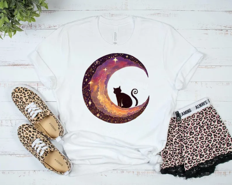 Celestial Cat Celestial Cat Shirt Moon Phases Astrology Cat In The Moon Short Sleeve Top Tees 100% cctton Fashion Streetwear y2k