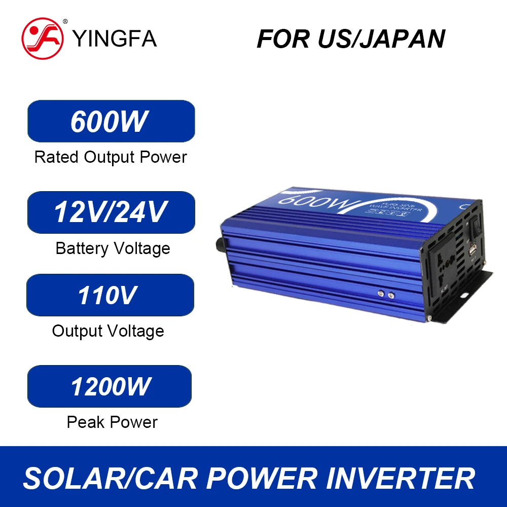 YINGFA 600W US Japan Socket 12V 24V to 110V Pure Sine Wave Portable Power Inverter With USB