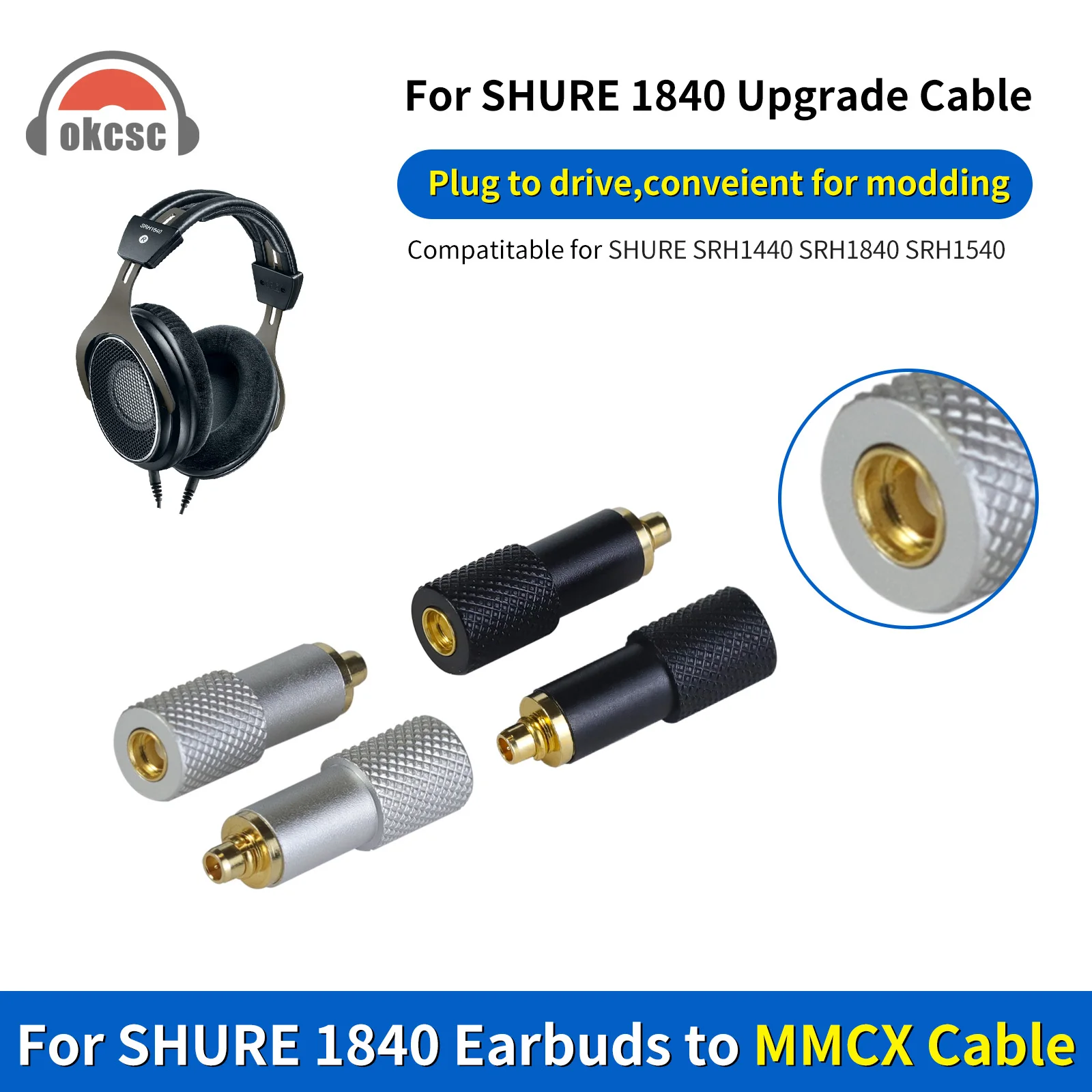 OKCSC SHURE1840 Male to MMCX Female Earphones Adapter Connector for SHURE SRH1440 SRH1840 SRH1540 SE215 SE425 Earbuds Converter