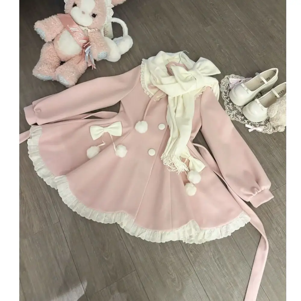 

Стеганые пальто из шерсти и смеси, накидки и пончо, пальто для женщин, повседневные японские плащи в стиле каваи, осенне-зимняя куртка розового цвета