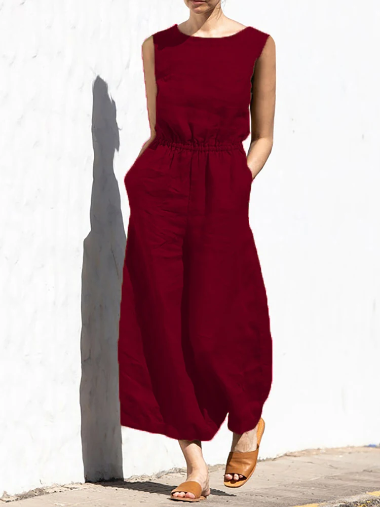 Sleeveless Retro Femme Cotton Linen Pants Women Casual Elastic Waist Jumpsuits with Pockets Summer Streetwear Thin Loose Rompers