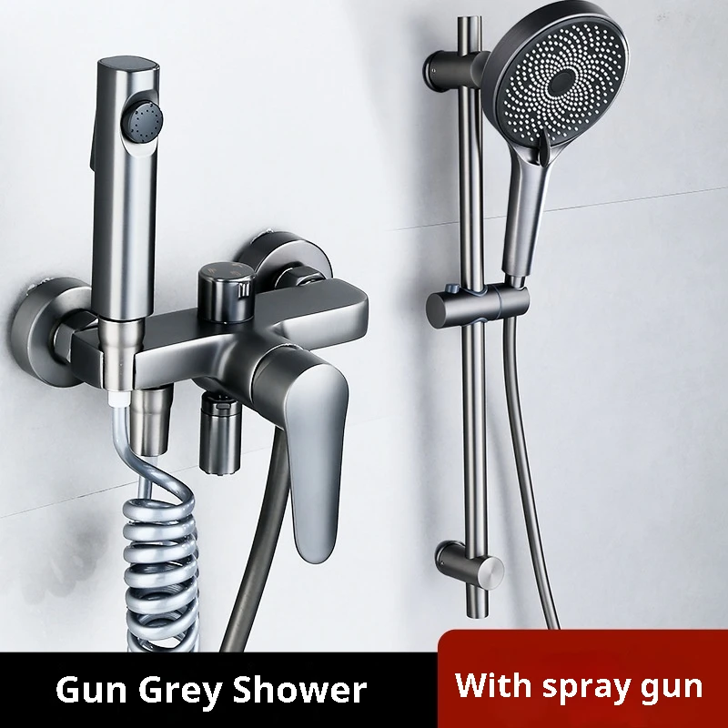 

Gun Ash All Copper Cold And Hot Mixed Valve Simple Shower Set Household Bathroom Shower Faucet Drain Water Chrome