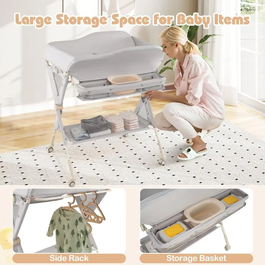 Baby Changing Table with Wheels, Portable Folding Diaper Station Nursery Organizer with Storage Basket, Hanging Rack, Adjustable