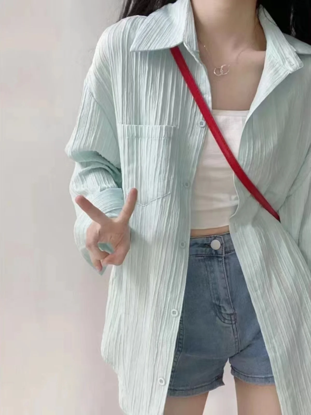 

plus Size Women's Sun Protection Long Sleeve Ice Silk Shirt Summer Versatile Design Thin Outerwear Collar Button Detail