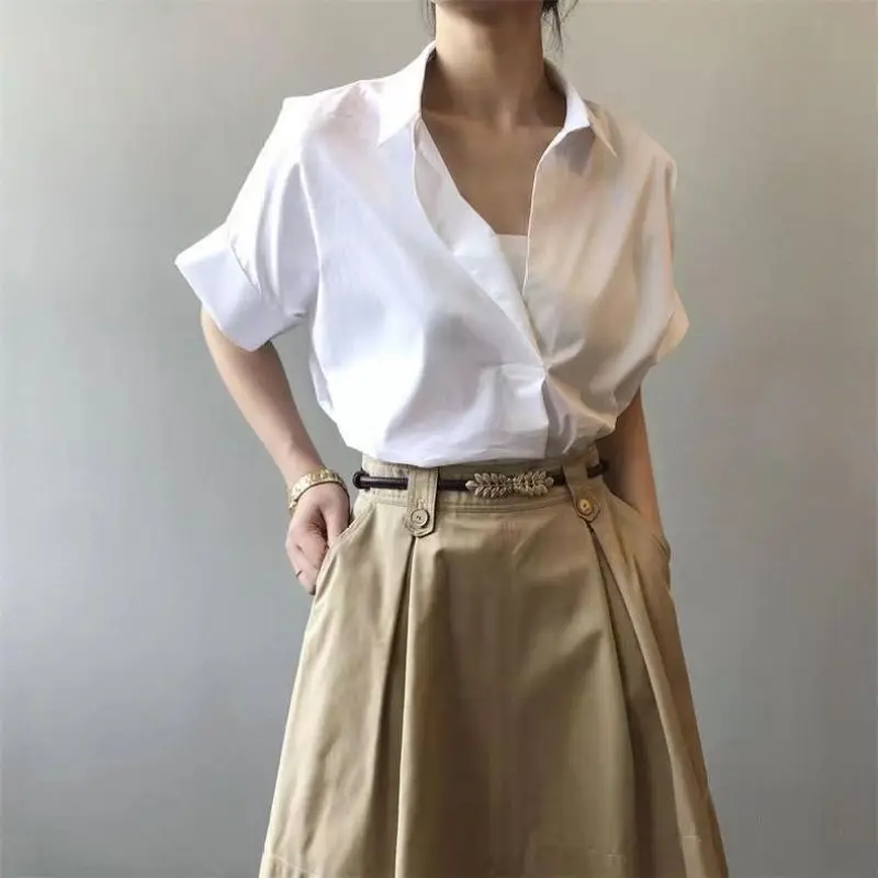 Women Summer Korean Simplicity Solid Color V-neck Short Sleeve Shirts Women Clothes Simplicity All-match Appear Thin Trend Tops