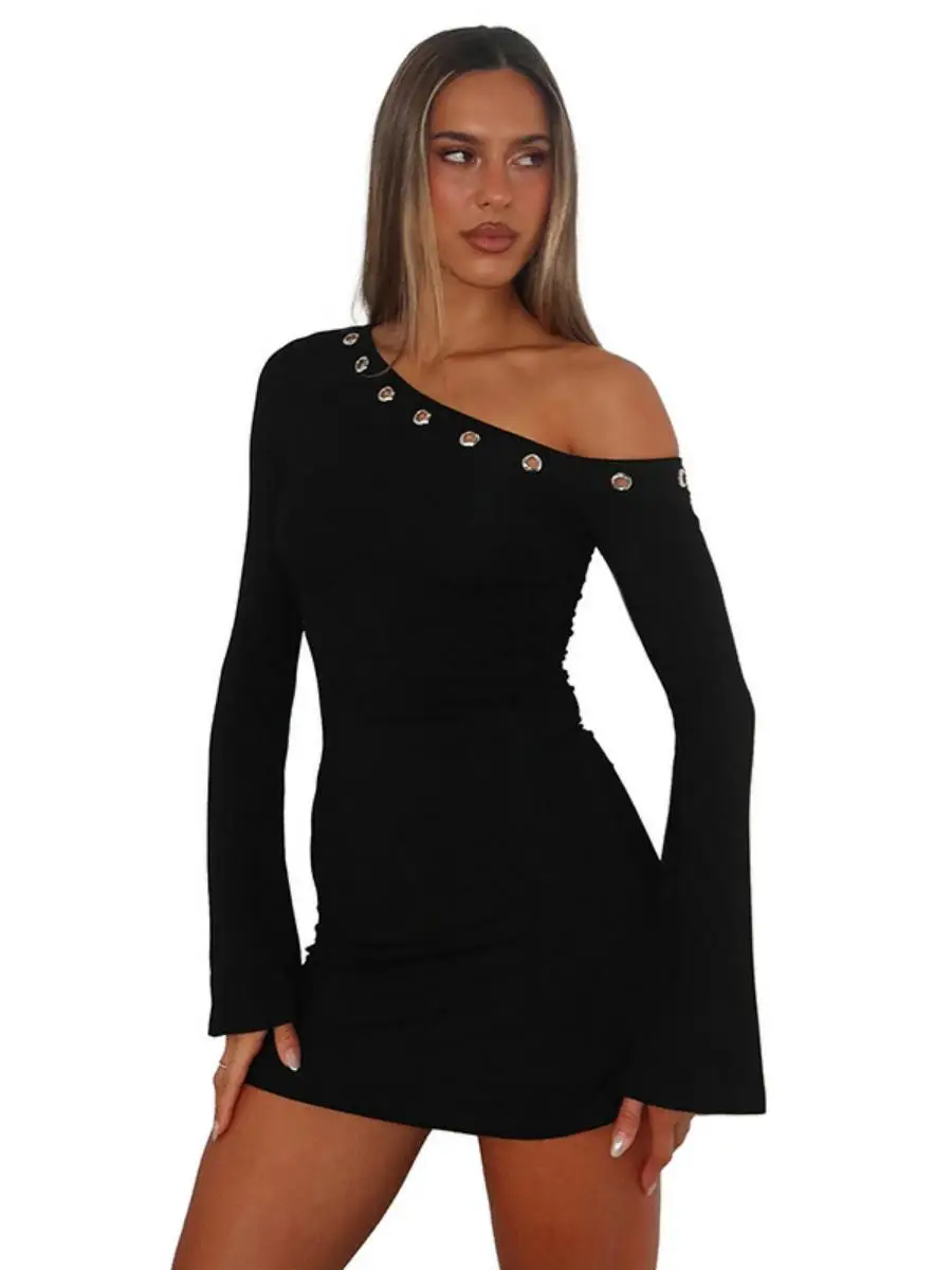 Oulder Bared Long Sve Hollow out Collar inclinado Dr para mujer Otoño Invierno Color puro A-Line Midi Dr pieza única