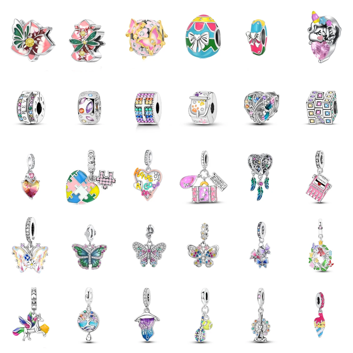 

925 Sterling Silver Charms Bead Colorful Pendant Butterfly Flower Heart Balloon Fit Bracelets Necklace DIY Jewelry Gifts Marking