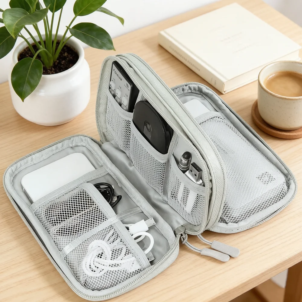 Portable Double Layer Electronic Organizer Bag, Waterproof Travel Tech Storage Case With Hand Strap, Multi Mesh Pocket Cable Charger Power Bank Mouse Accessories Pouch, 2 Colors Black Gray