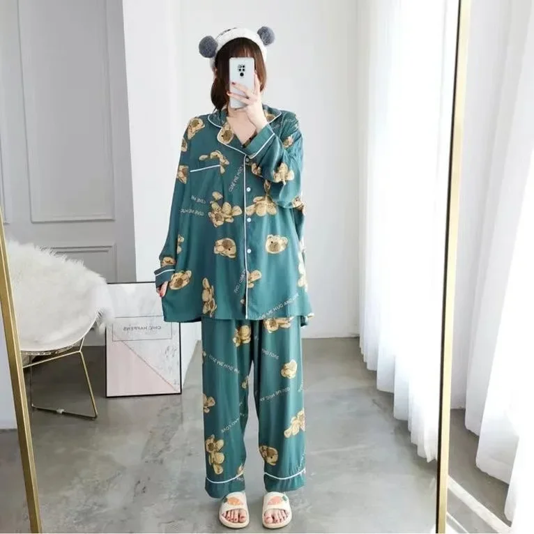 

Women Autumn Winter Loose Long-Sleeve Pajama+Pants Set Fat Female Oversize Add Large Size Clothing Sleeping Clothes Suit 150kg