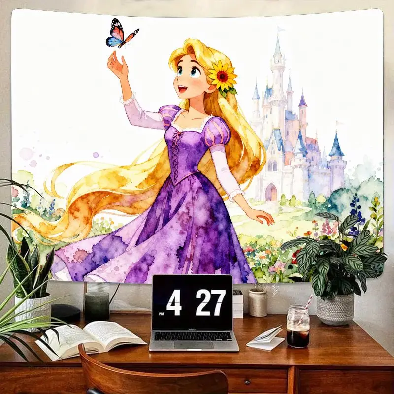 

1 шт., акварельный гобелен принцессы с длинными волосами, настенное искусство с бабочкой и замком, эстетический декор для спальни для девочек, волшебная фантастика