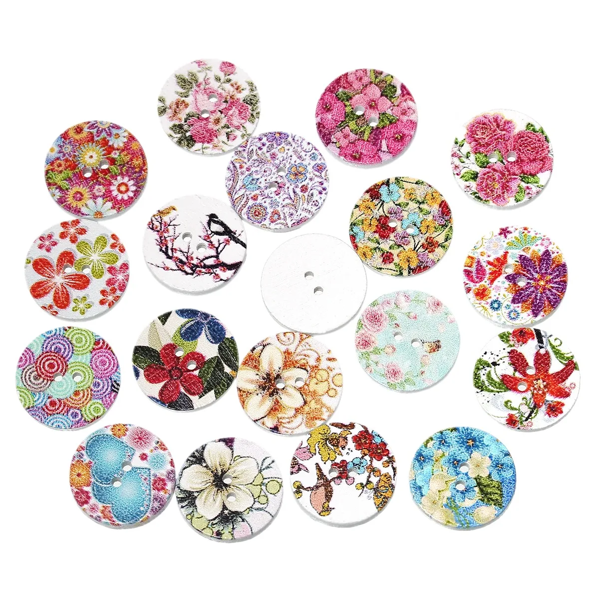 100pcs 20 25mm Wood Buttons 2Holes Scrapbooking Round At Random Flower Pattern Buttons Women Coat Dress DIY Sewing Accessories