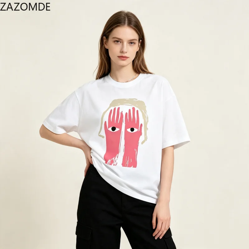 ZAZOMDE Vintage Abstract Brush Painting Graphic Unisex Loose Oversized Round Neck Fashion Versatile Daily Short Sleeve Shirts