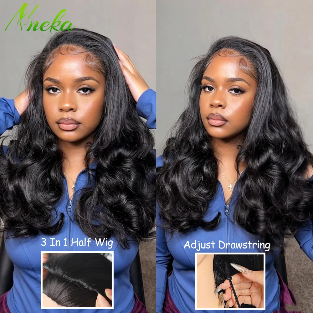 3 IN 1 Half Wigs Human Hair Drawstring Upgrade Seamless Clip Ins Flip Over Wig 210% Density Body Wave 3 IN 1 Half Wig With Drawstring Full Machine Made